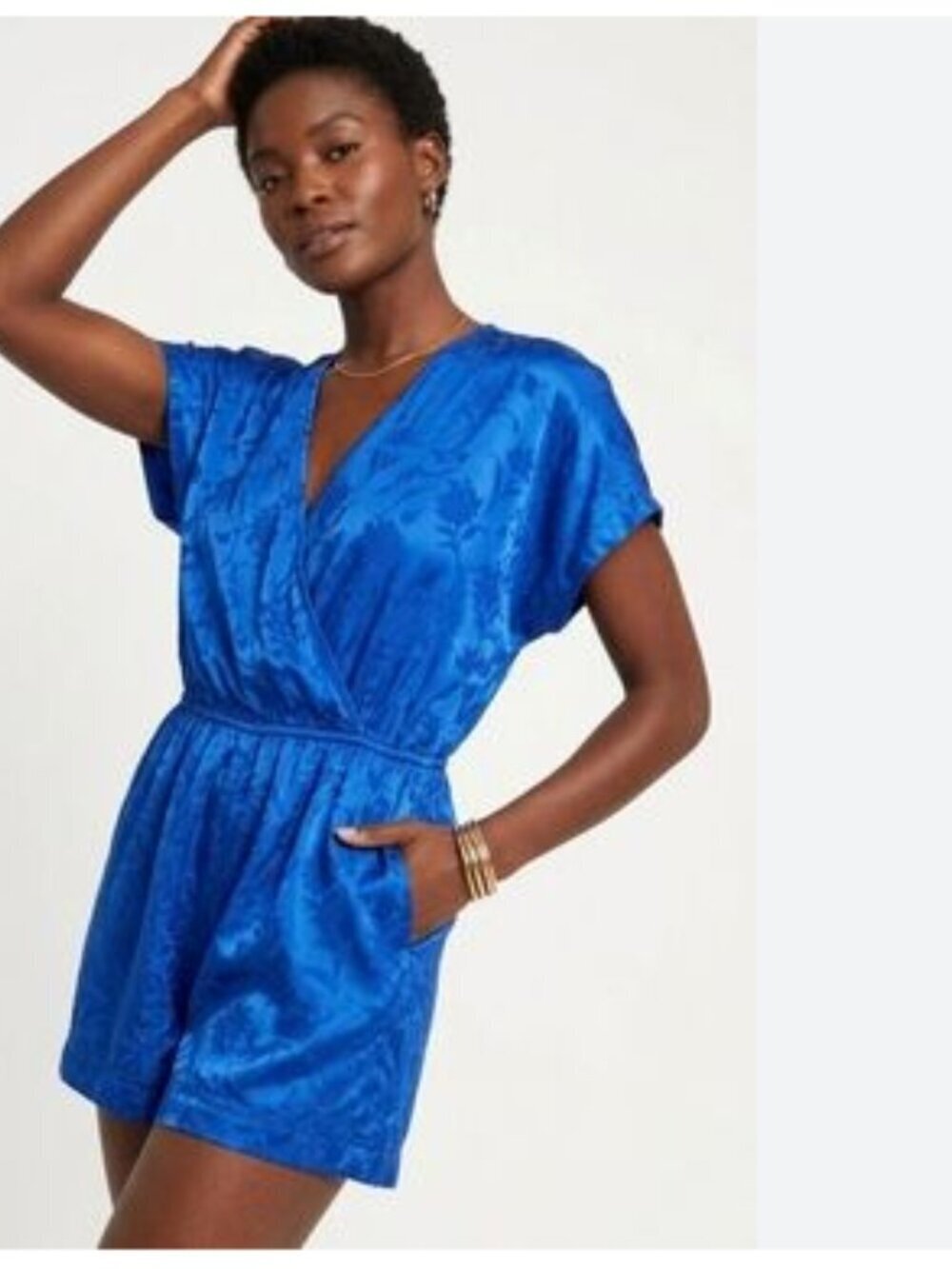 Shore Romper Womens Small Blue Satin Floral Faux Wrap Flowy Tropical Vacation